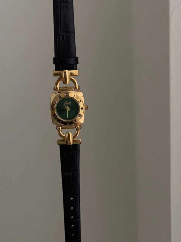 Vintage Green/White Square Face Brown/Black Leather Watch