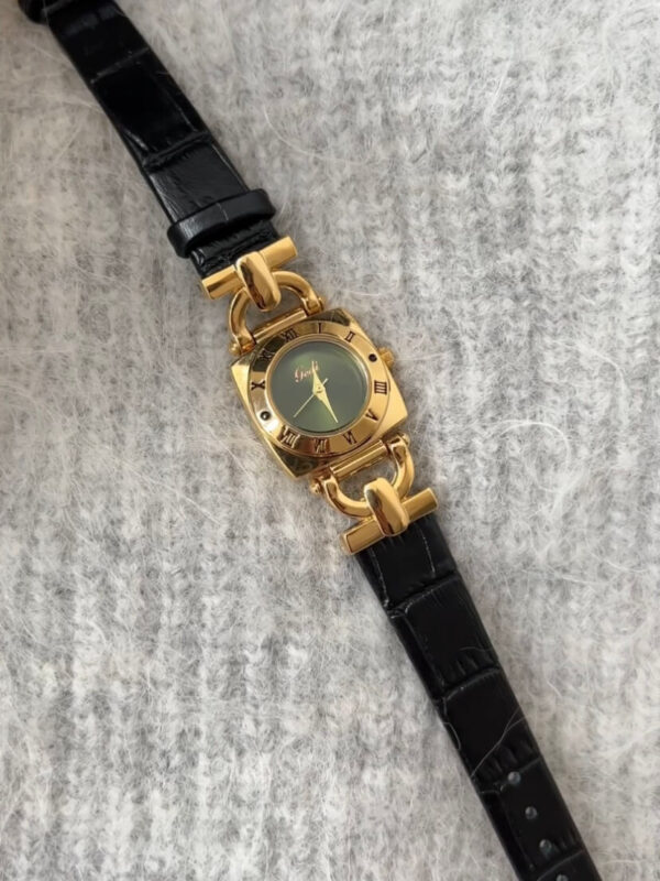 Vintage Green/White Square Face Brown/Black Leather Watch
