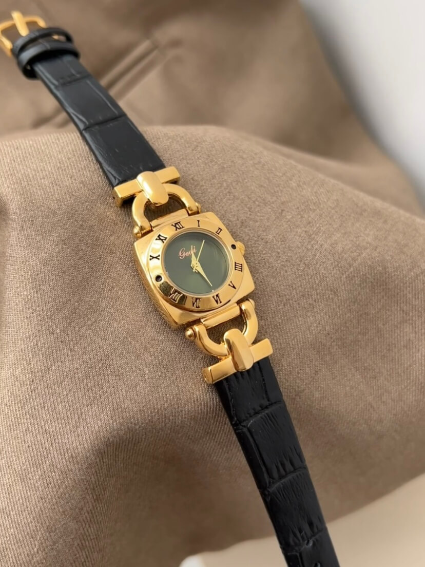 Vintage Green/White Square Face Brown/Black Leather Watch