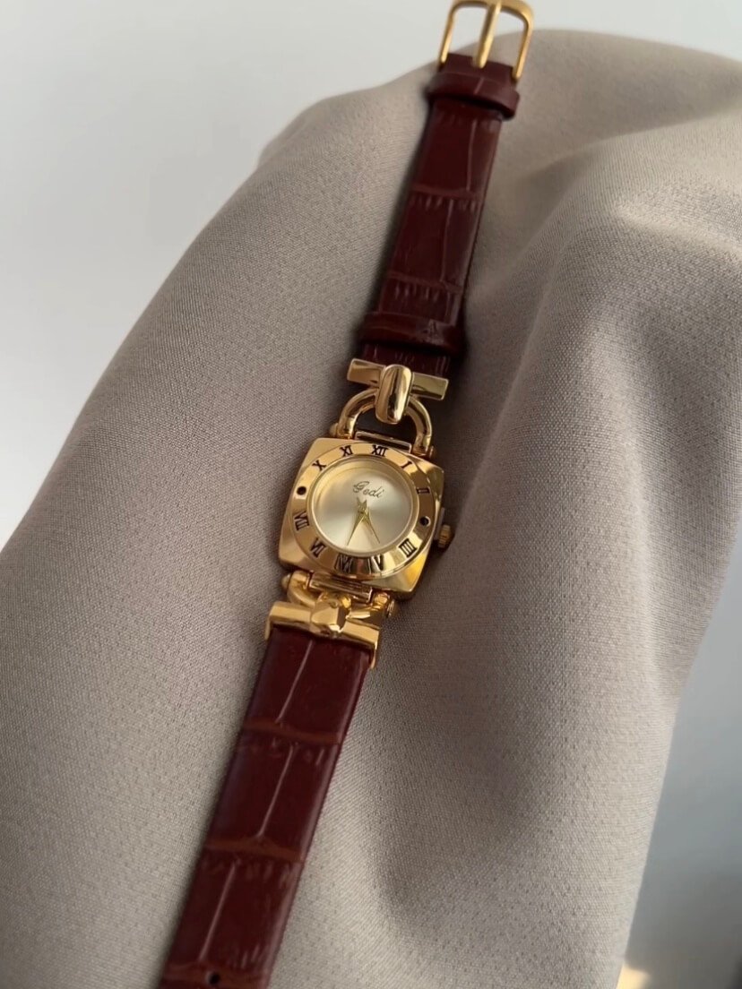 Vintage Green/White Square Face Brown/Black Leather Watch