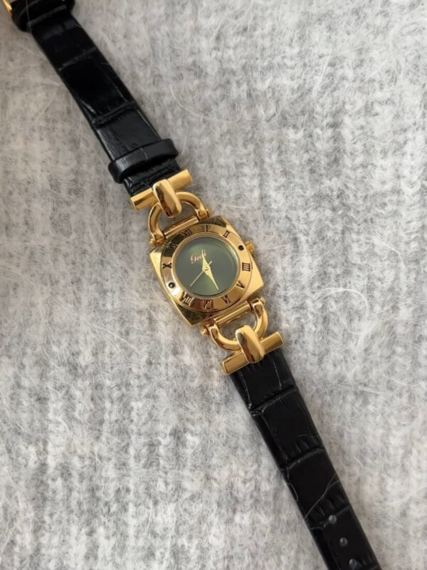Vintage Green/White Square Face Brown/Black Leather Watch