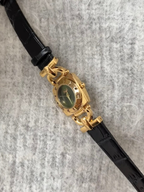 Vintage Green/White Square Face Brown/Black Leather Watch