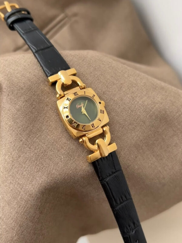 Vintage Green/White Square Face Brown/Black Leather Watch