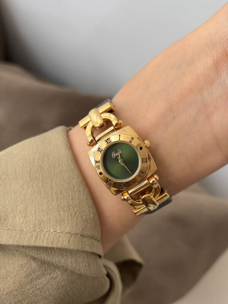 Vintage Green/White Square Face Brown/Black Leather Watch