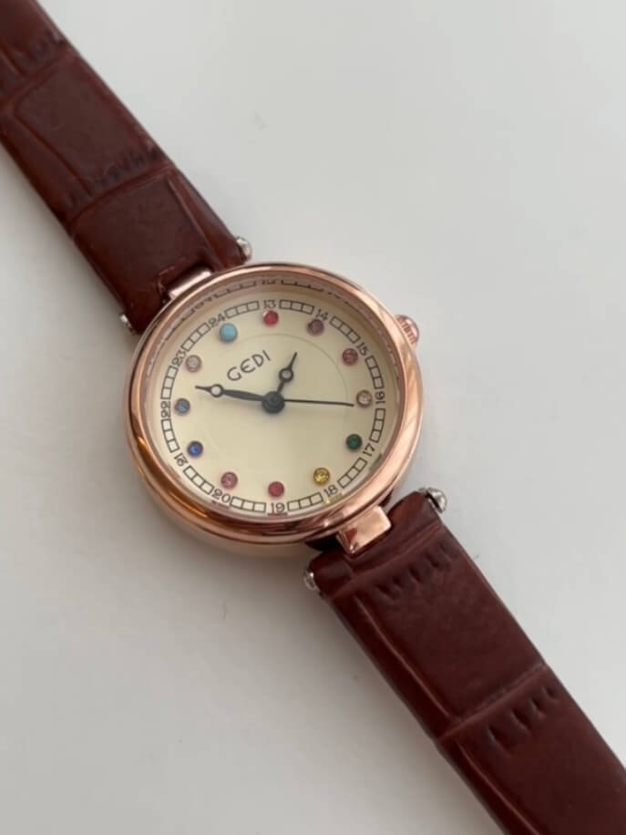 Colorful Round Face Brown Leather Watch for Ladies