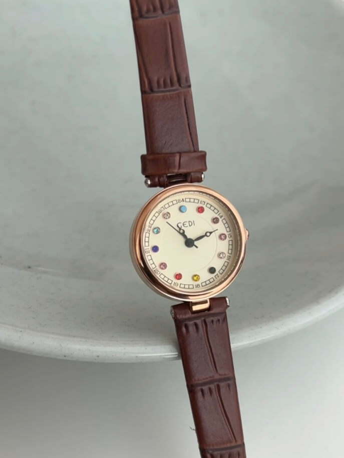 Colorful Round Face Brown Leather Watch for Ladies