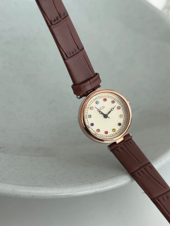 Colorful Round Face Brown Leather Watch for Ladies