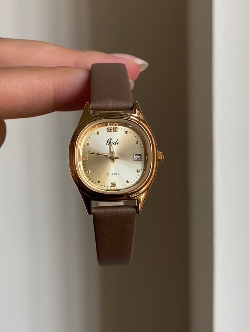 Dainty Gold Square Face Brown Leather Women‘s Watch