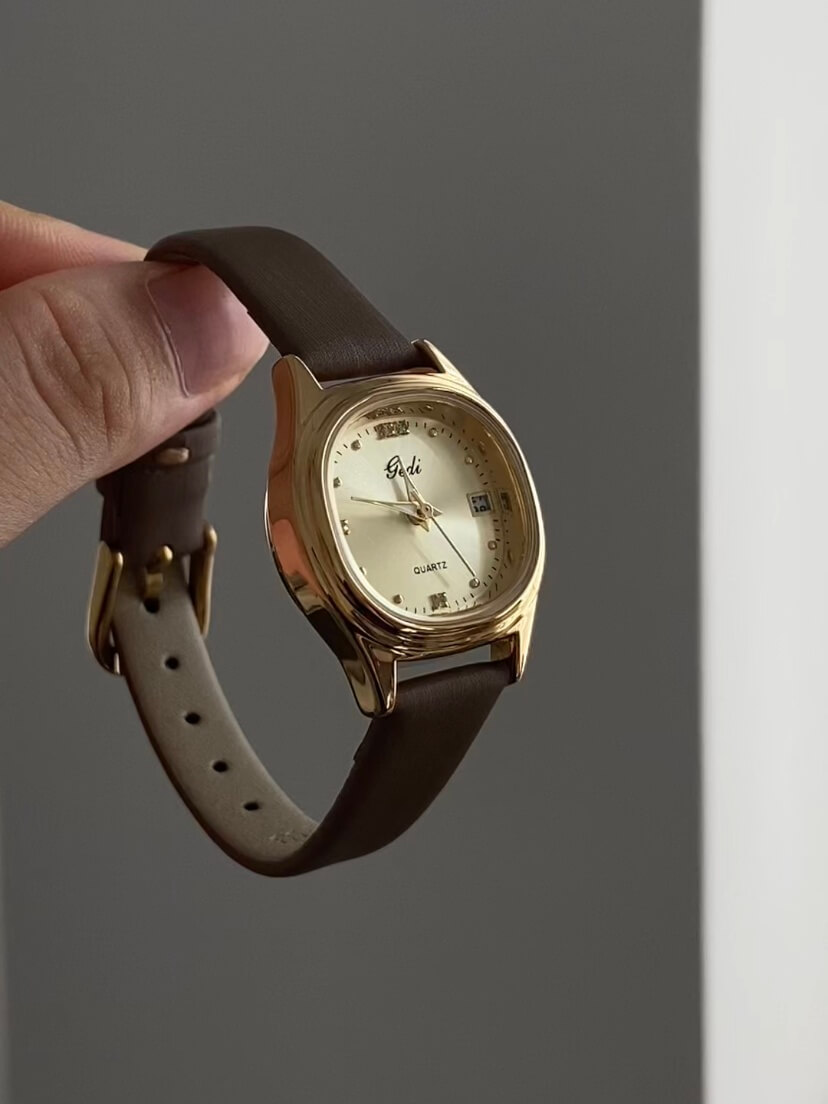 Dainty Gold Square Face Brown Leather Women‘s Watch