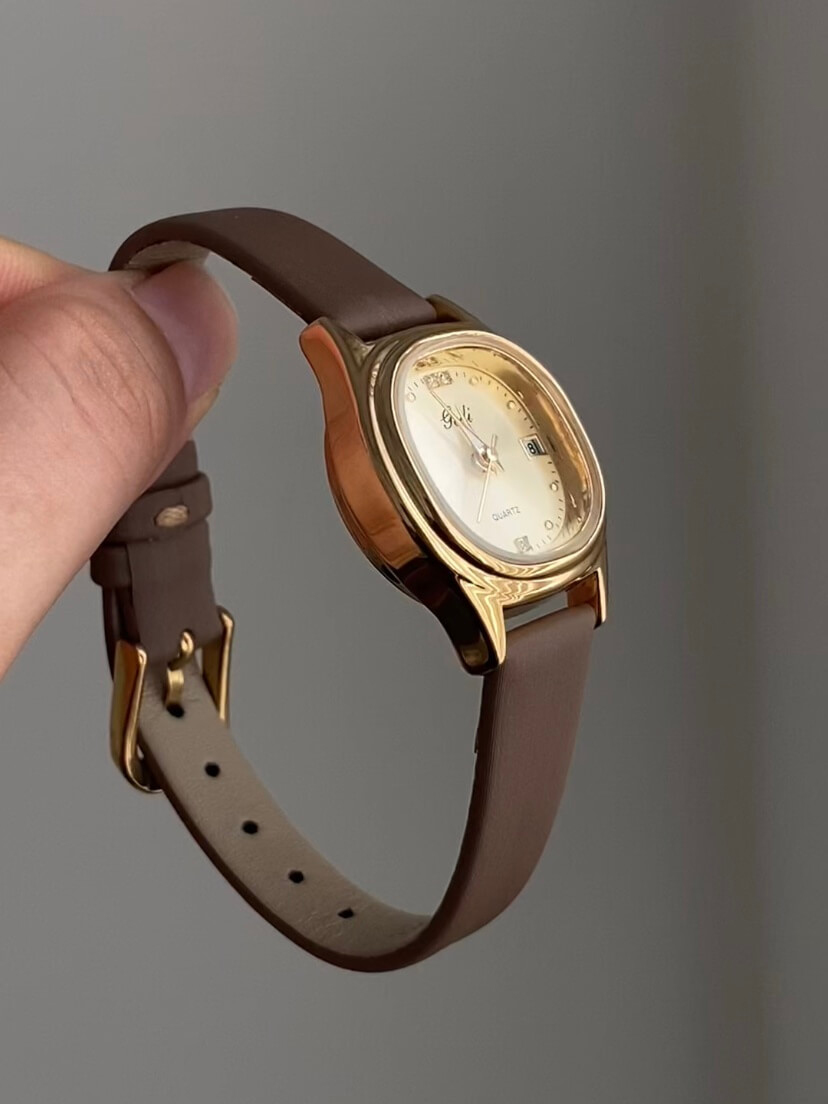 Dainty Gold Square Face Brown Leather Women‘s Watch