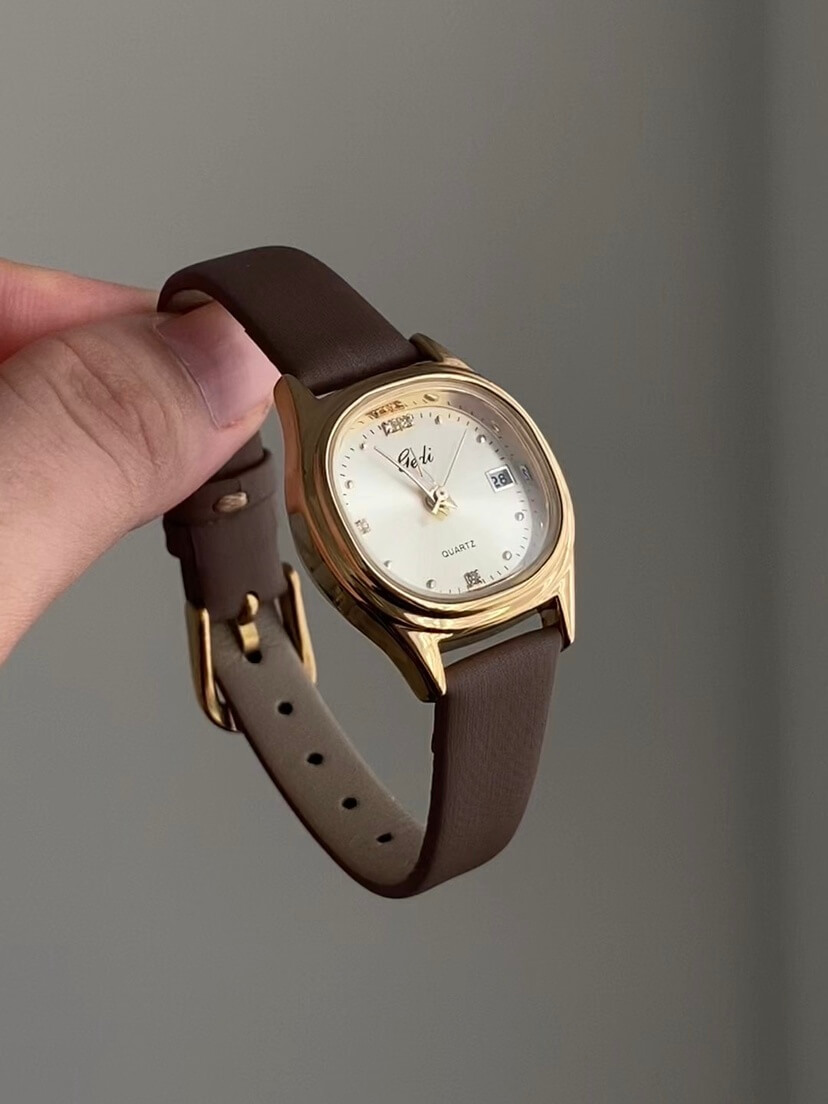 Dainty Gold Square Face Brown Leather Women‘s Watch