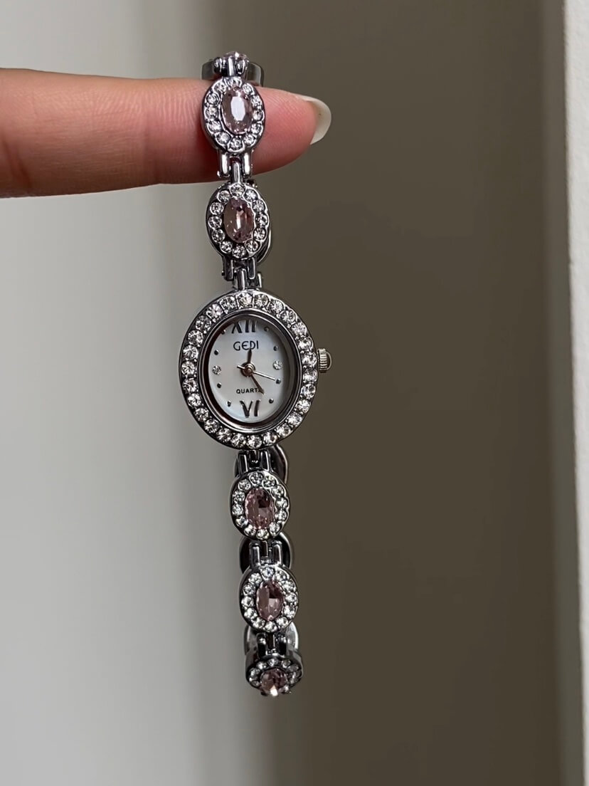 Vintage Zircon Small Oval Face Silver Bracelet Watch