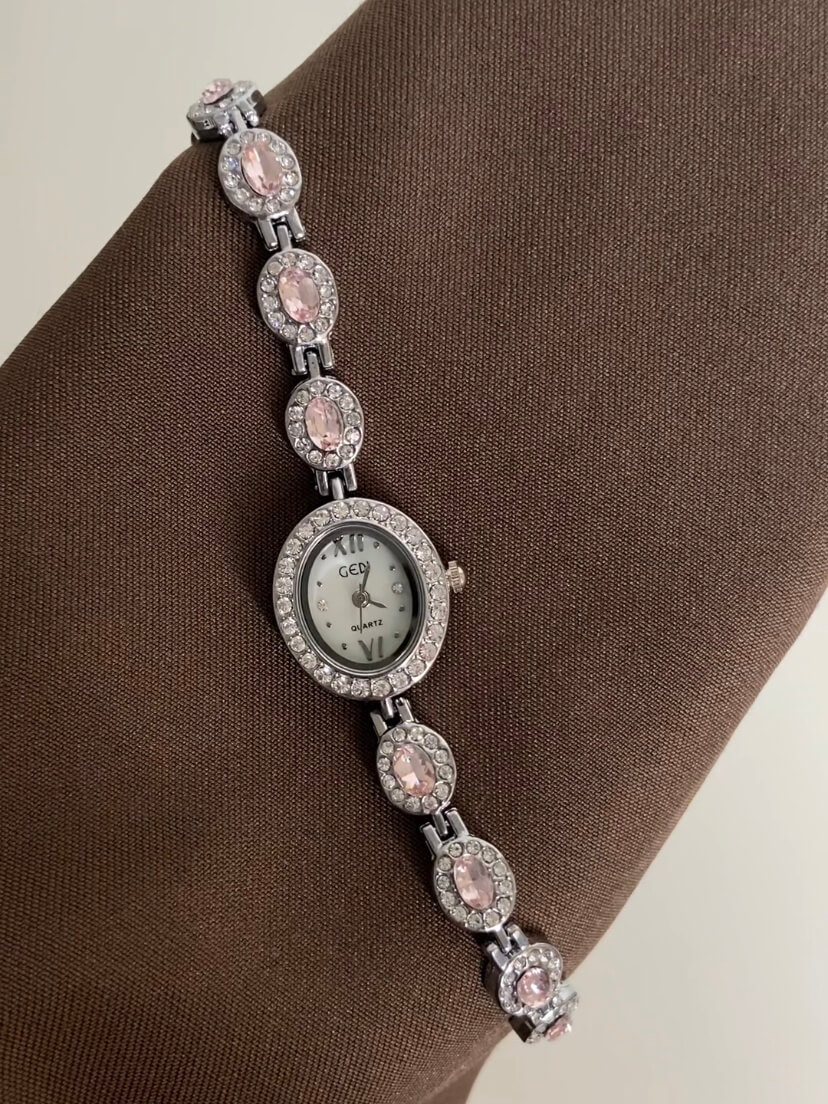 Vintage Zircon Small Oval Face Silver Bracelet Watch