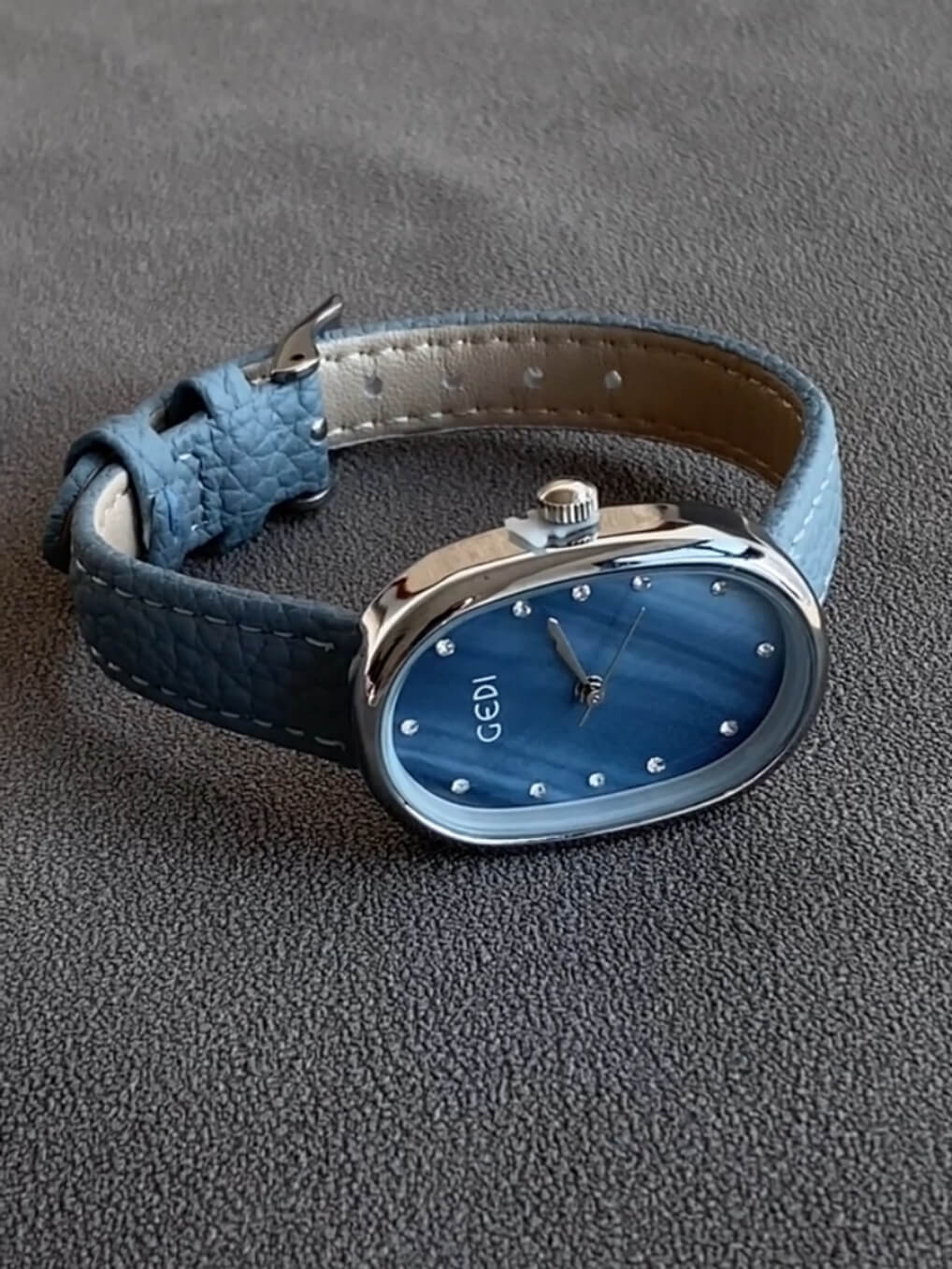 Blue Mother of Pearl Oval Face Leather Watch
