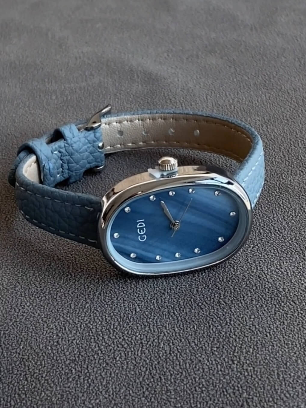 Blue Mother of Pearl Oval Face Leather Watch