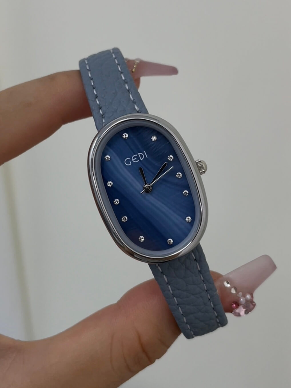 Blue Mother of Pearl Oval Face Leather Watch