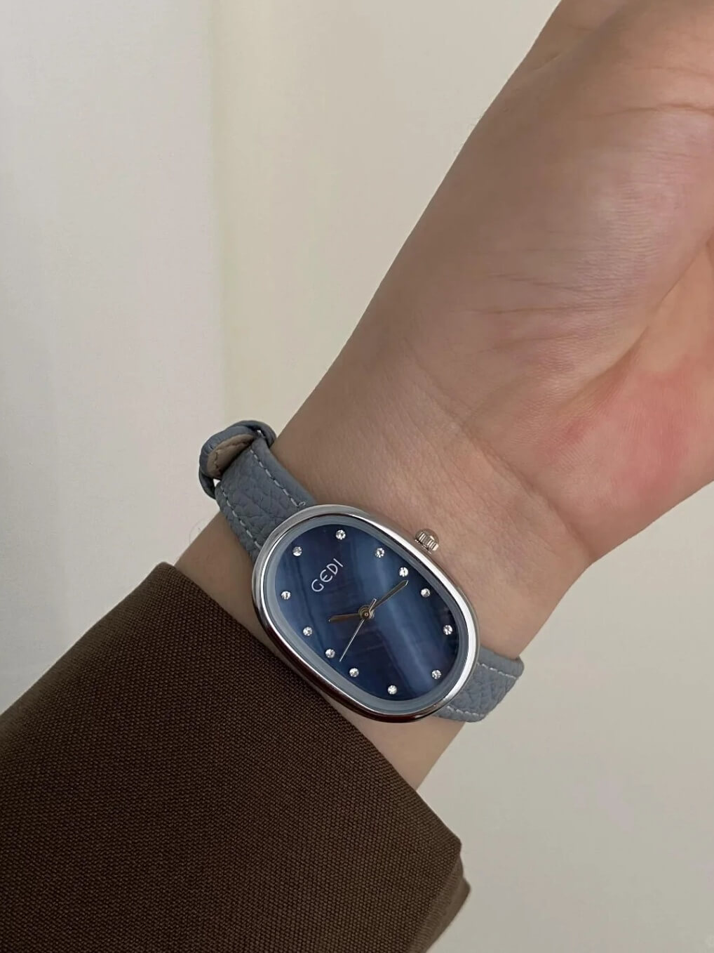 Blue Mother of Pearl Oval Face Leather Watch