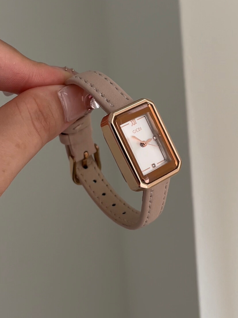 Vintage Ladies Minimalist Rectangle Brown Genuine Leather Watch