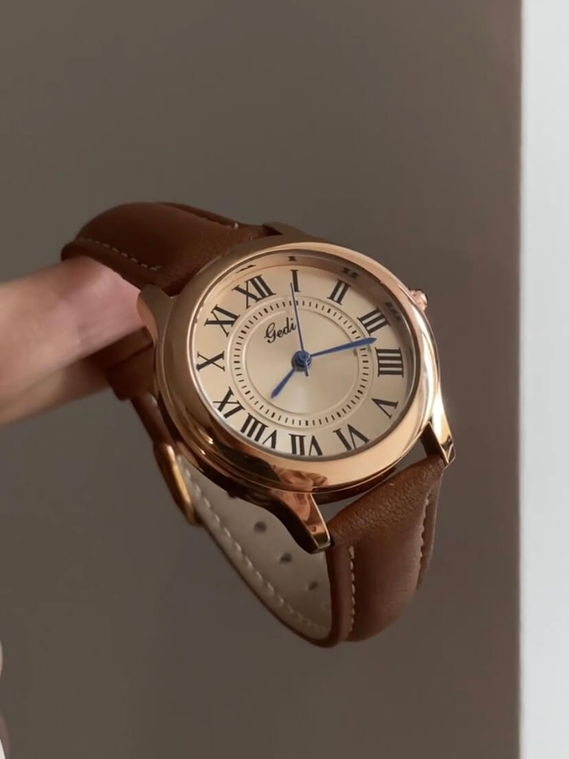 Classic Brown/Black Round Genuine Leather Women's Watch