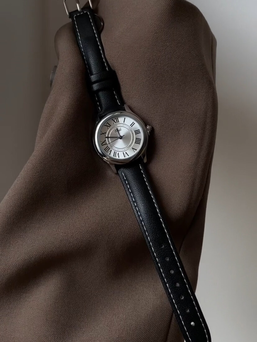 Classic Brown/Black Round Genuine Leather Women's Watch