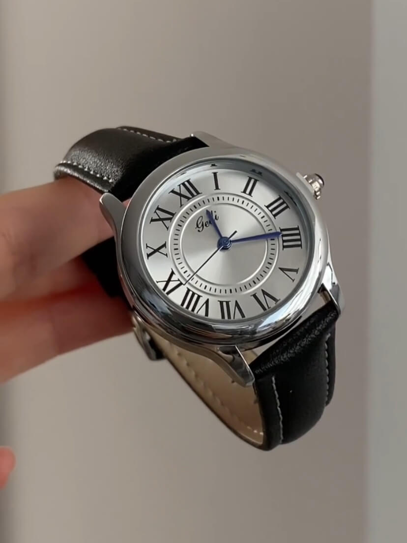 Classic Brown/Black Round Genuine Leather Women's Watch