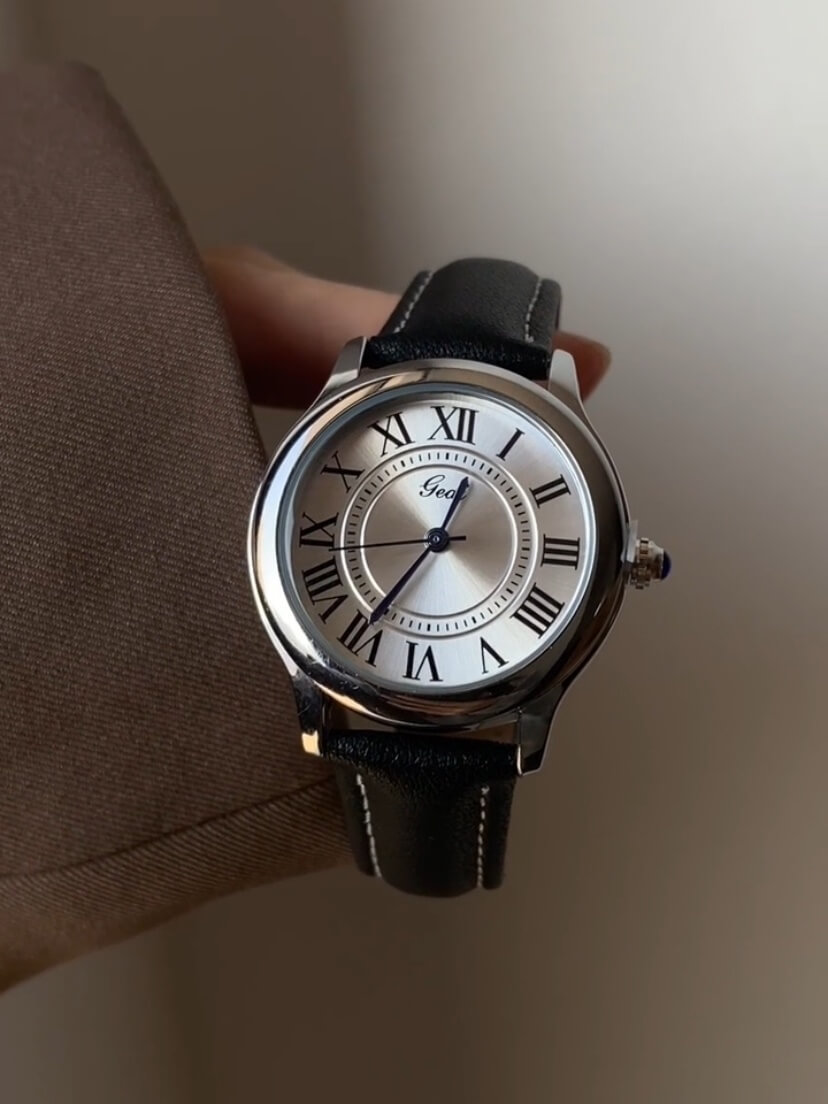 Classic Brown/Black Round Genuine Leather Women's Watch