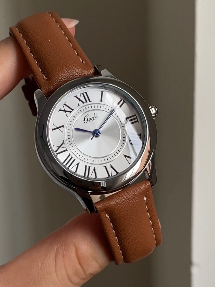 Classic Brown/Black Round Genuine Leather Women's Watch