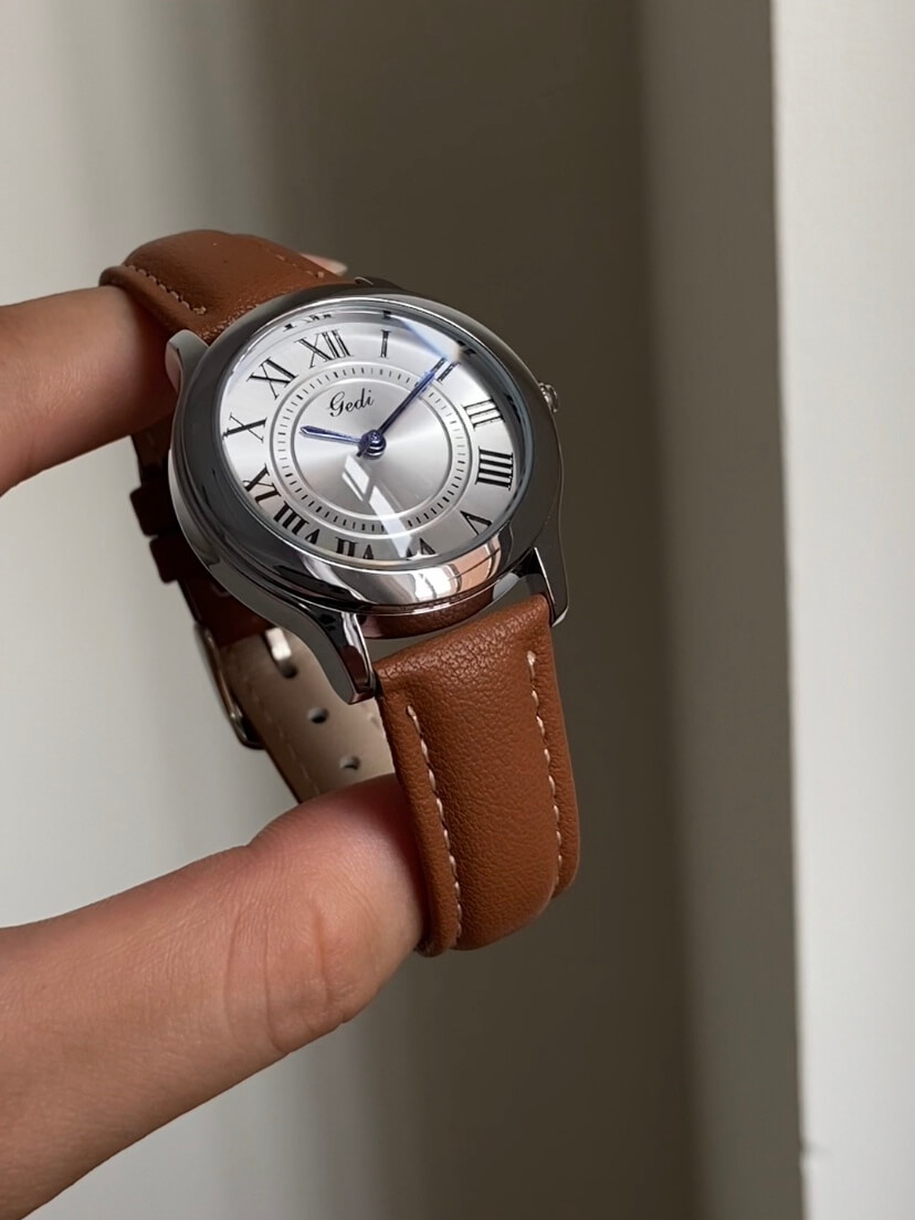 Classic Brown/Black Round Genuine Leather Women's Watch