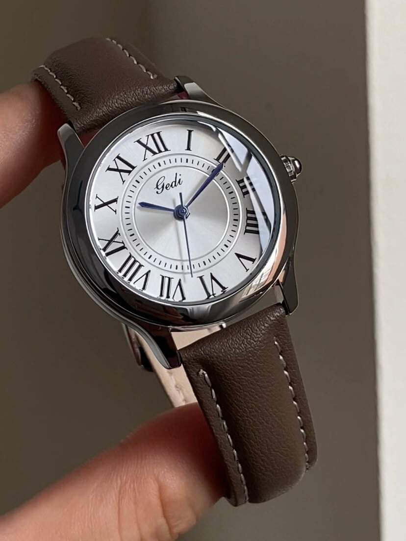 Classic Brown/Black Round Genuine Leather Women's Watch