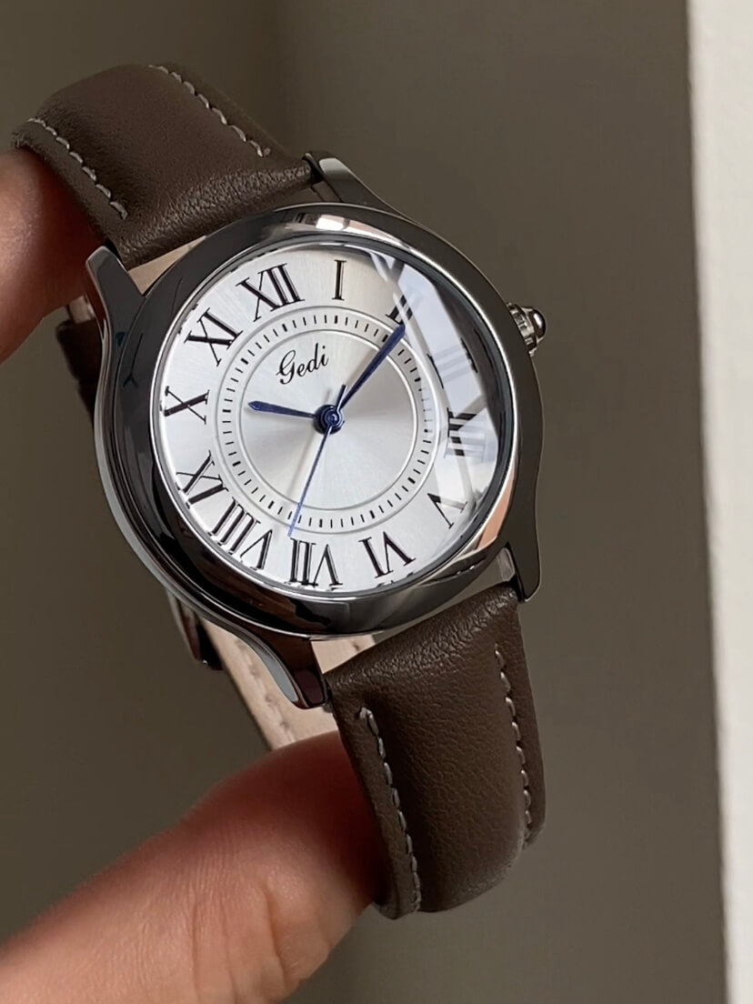 Classic Brown/Black Round Genuine Leather Women's Watch