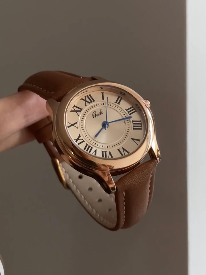 Classic Brown/Black Round Genuine Leather Women's Watch