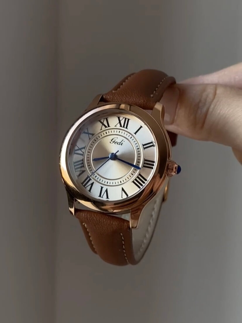 Classic Brown/Black Round Genuine Leather Women's Watch