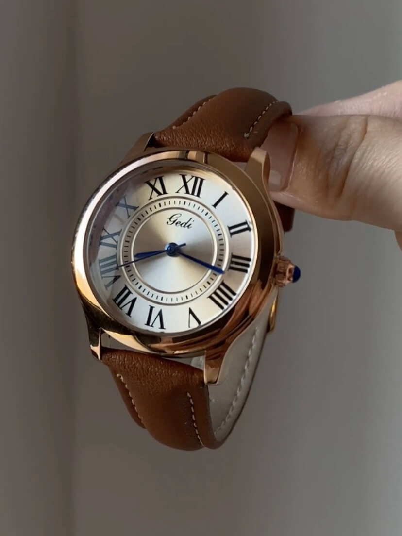 Classic Brown/Black Round Genuine Leather Women's Watch