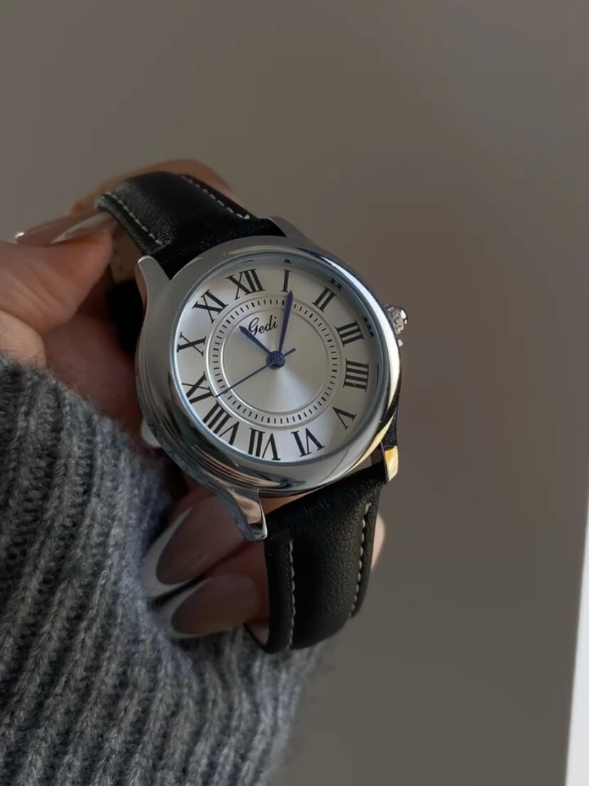 Classic Brown/Black Round Genuine Leather Women's Watch