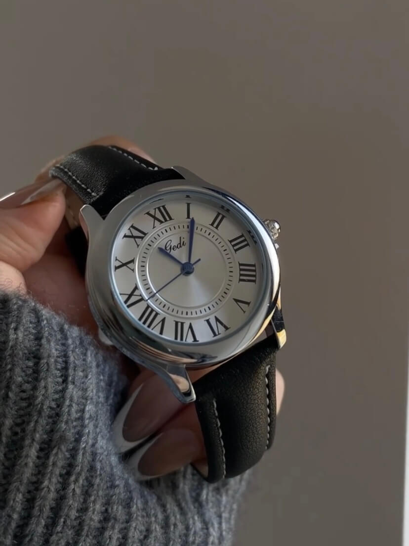 Classic Brown/Black Round Genuine Leather Women's Watch