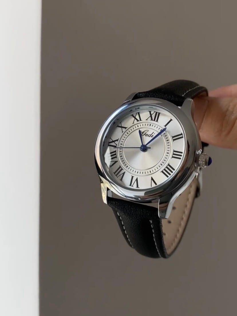 Classic Brown/Black Round Genuine Leather Women's Watch