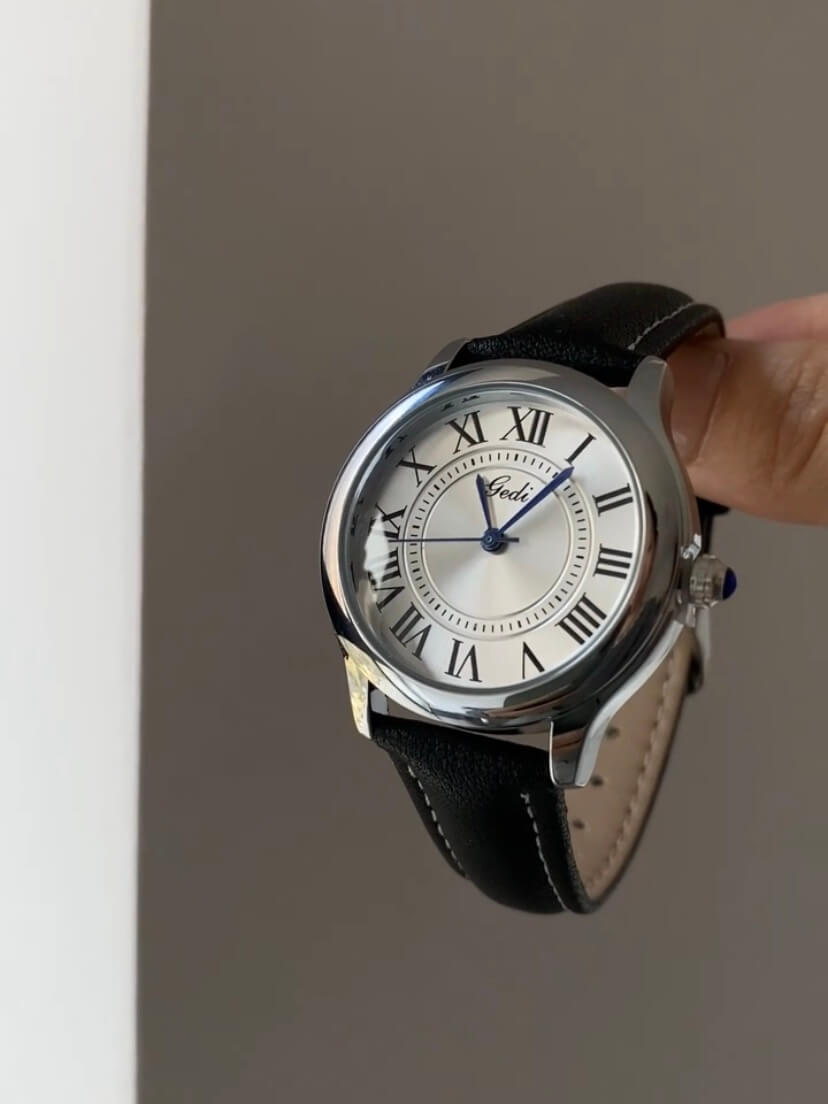 Classic Brown/Black Round Genuine Leather Women's Watch