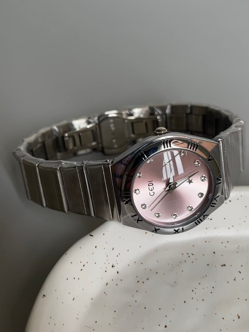 Pink/Purple Round Face Silver Bracelet Ladies Watch