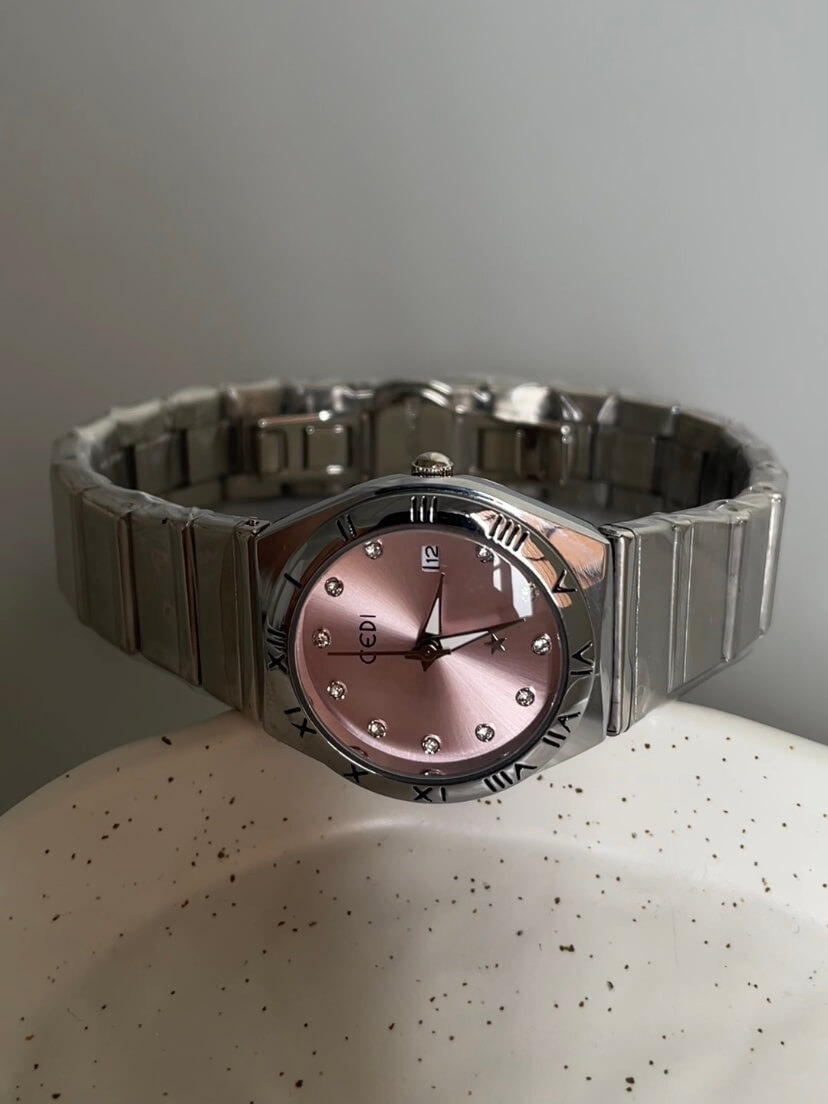Pink/Purple Round Face Silver Bracelet Ladies Watch