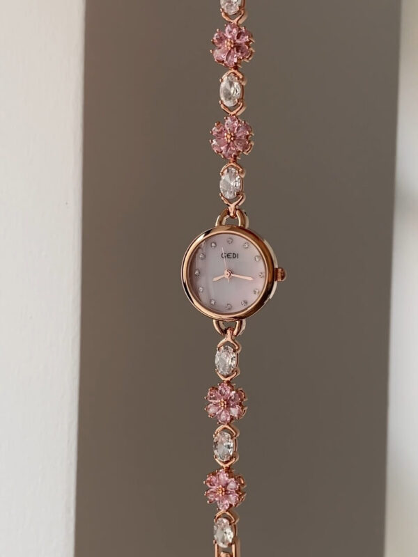 Dainty Pink Zircon Cherry Blossom Gold Round Face Watch
