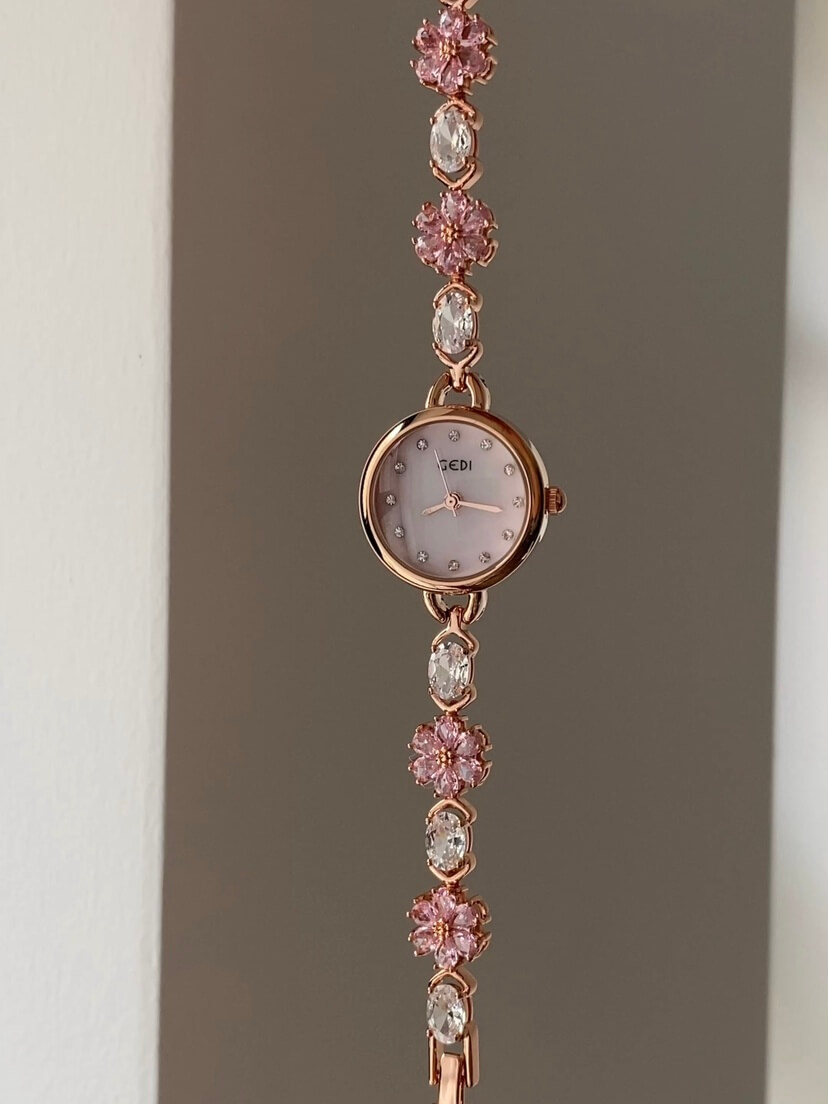 Dainty Pink Zircon Cherry Blossom Gold Round Face Watch
