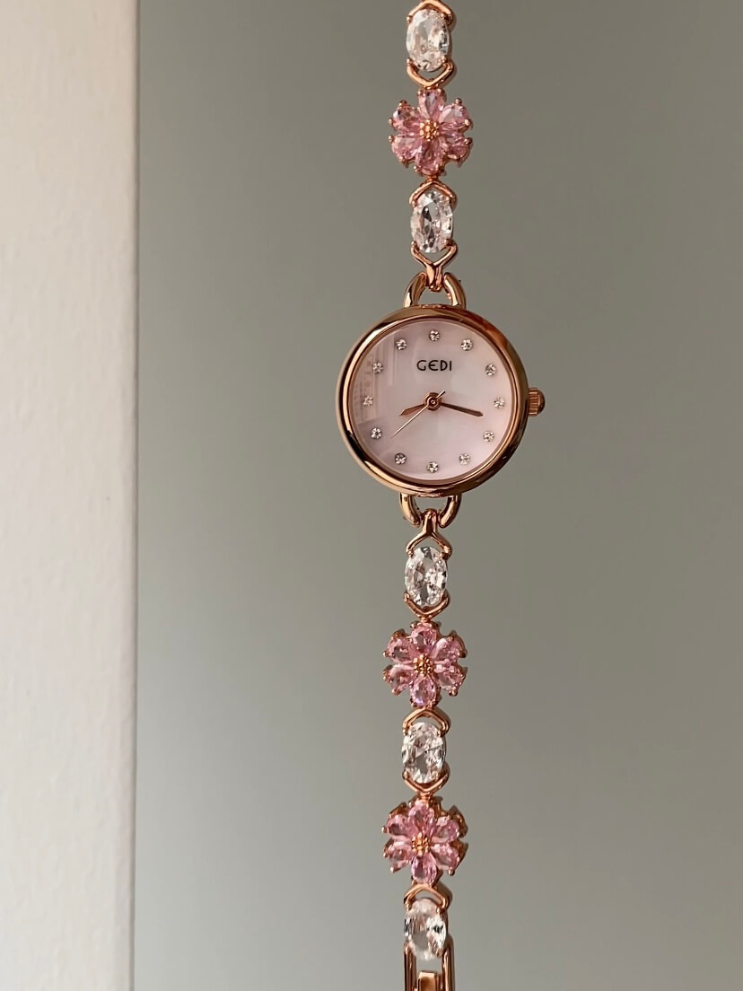 Dainty Pink Zircon Cherry Blossom Gold Round Face Watch
