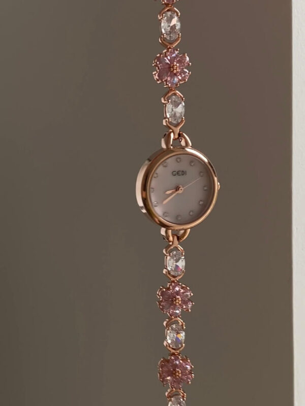 Dainty Pink Zircon Cherry Blossom Gold Round Face Watch