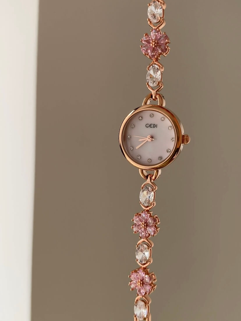 Dainty Pink Zircon Cherry Blossom Gold Round Face Watch