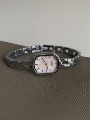 Dainty Mother of Pearl Oval Face Silver Bracelet Watch