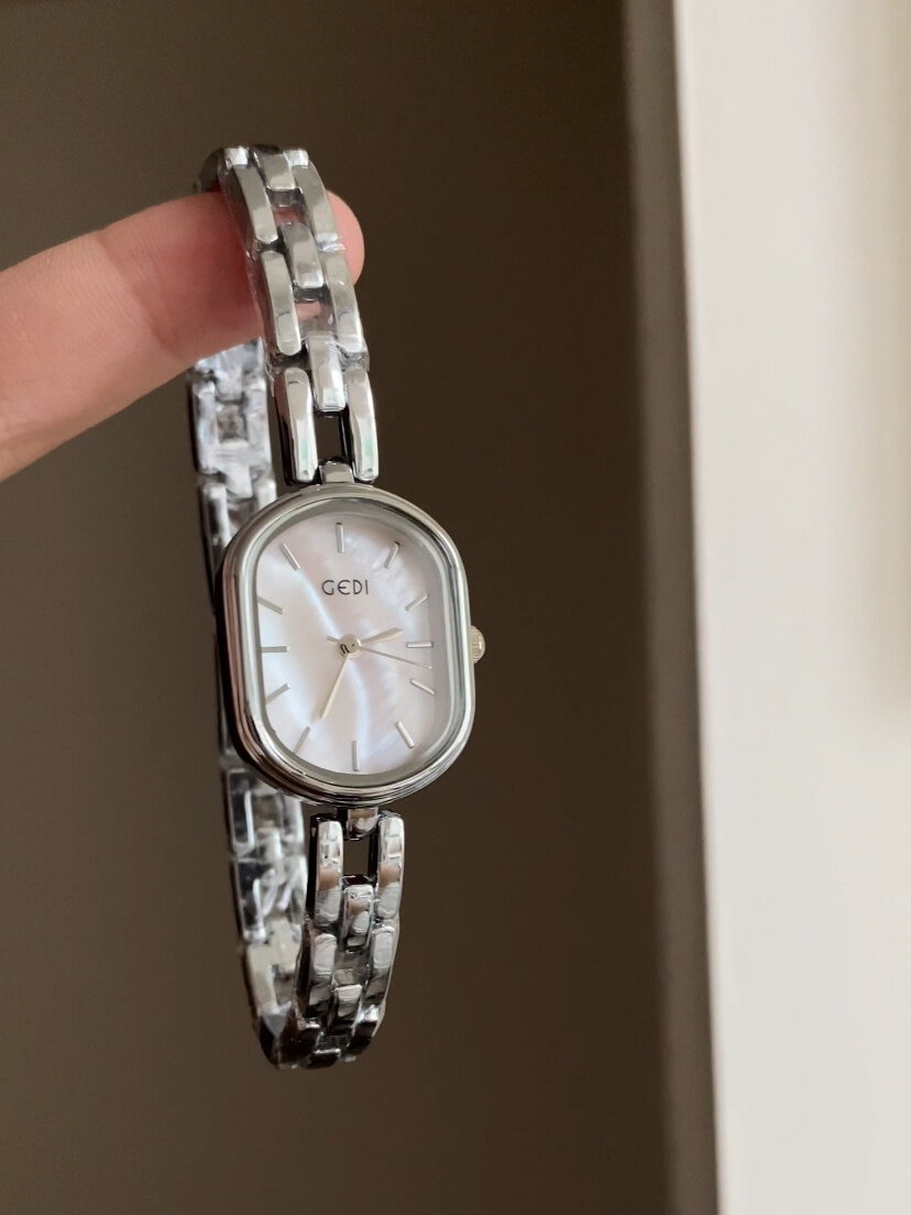 Dainty Mother of Pearl Oval Face Silver Bracelet Watch