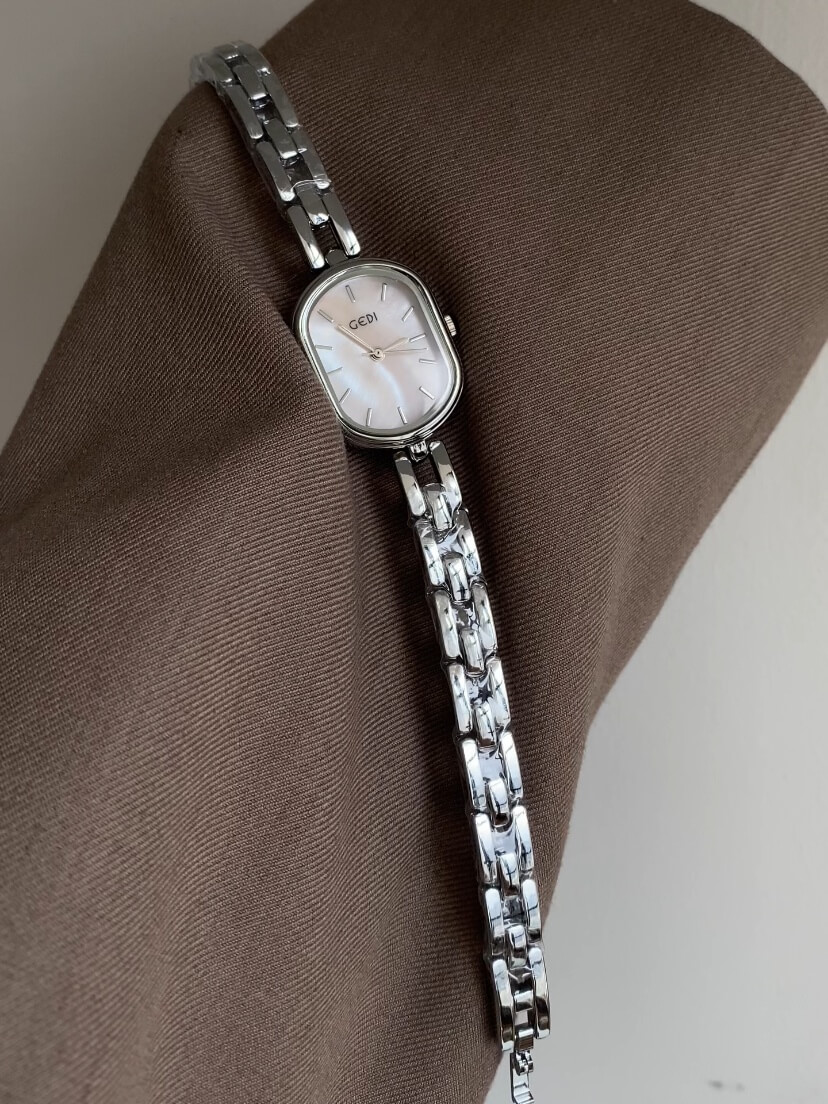 Dainty Mother of Pearl Oval Face Silver Bracelet Watch