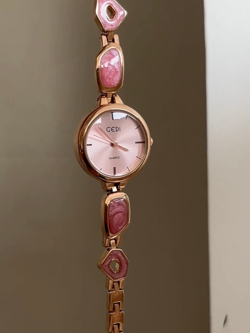 Chic Green/Pink Round Face Watch for Women