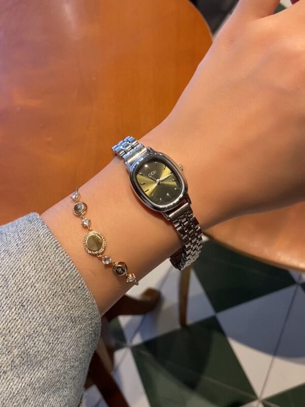 Minimalist Emerald Green Oval Face Silver Bracelet Watch