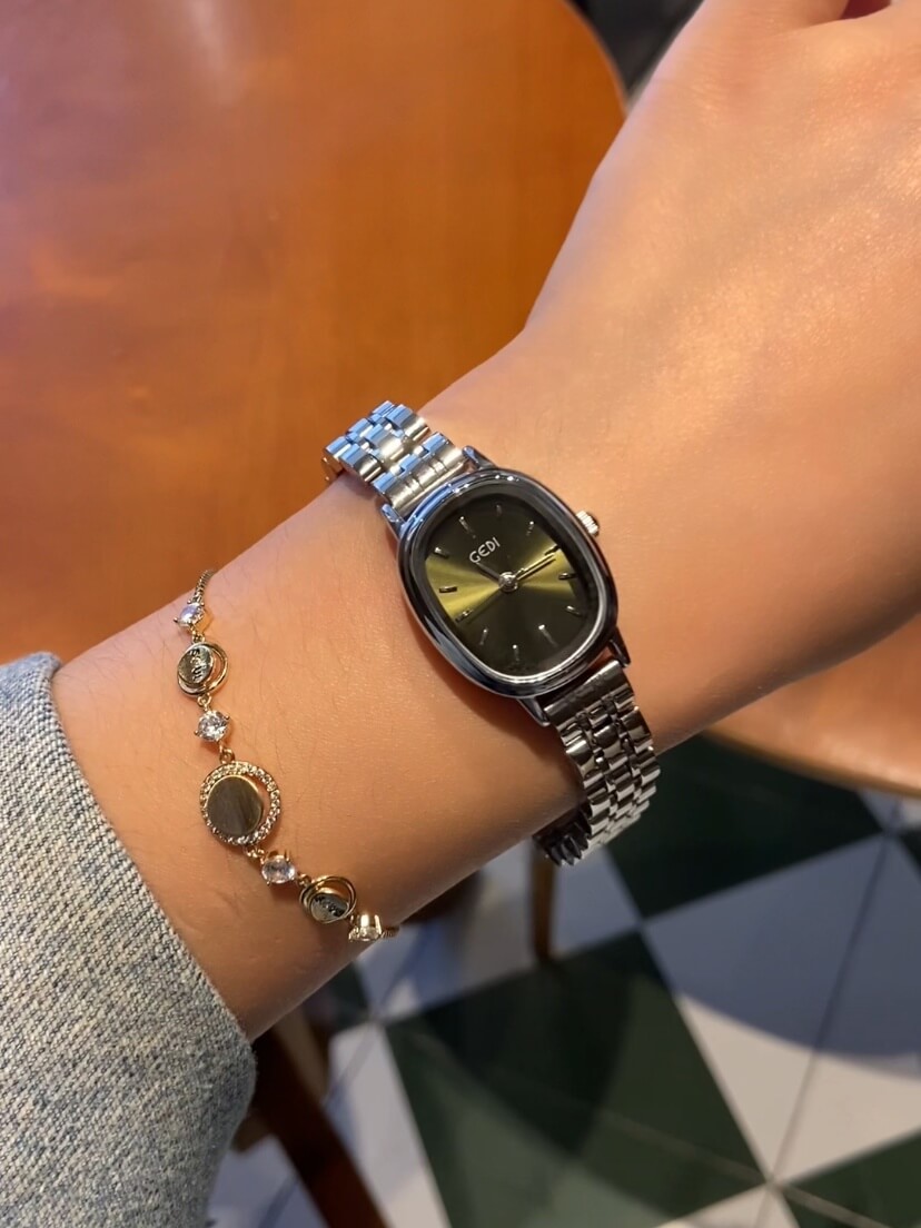 Minimalist Emerald Green Oval Face Silver Bracelet Watch